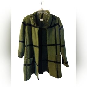 Emerald Green Black Plaid Open Front Jacket Sweater Pockets Soft Comfy Large